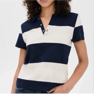 Madewell Striped Color Block Short Sleeve Pieced Squid Polo Navy/Cream Sz M